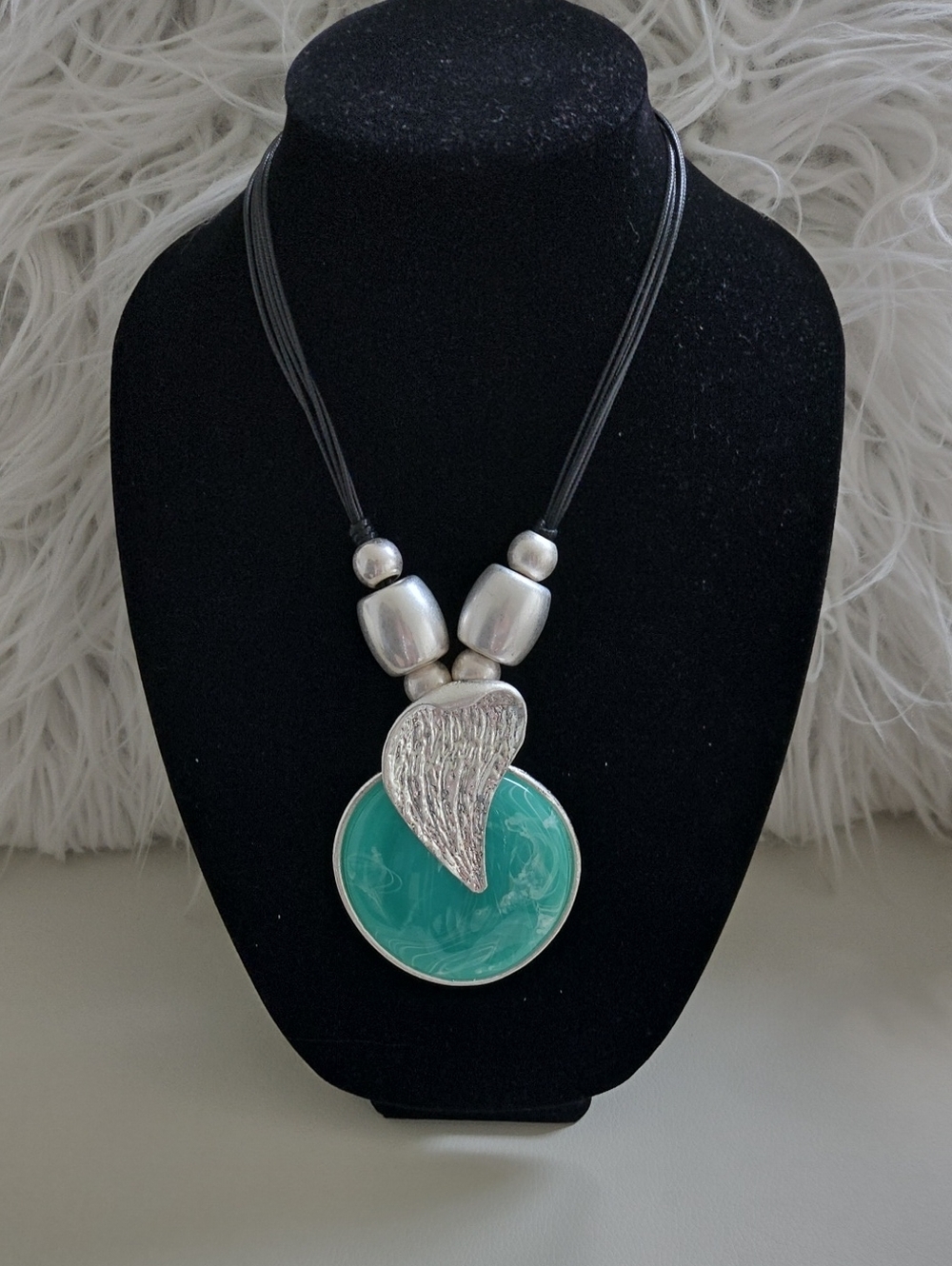 Silver-Tone Pendant Necklace with Teal Resin Disc